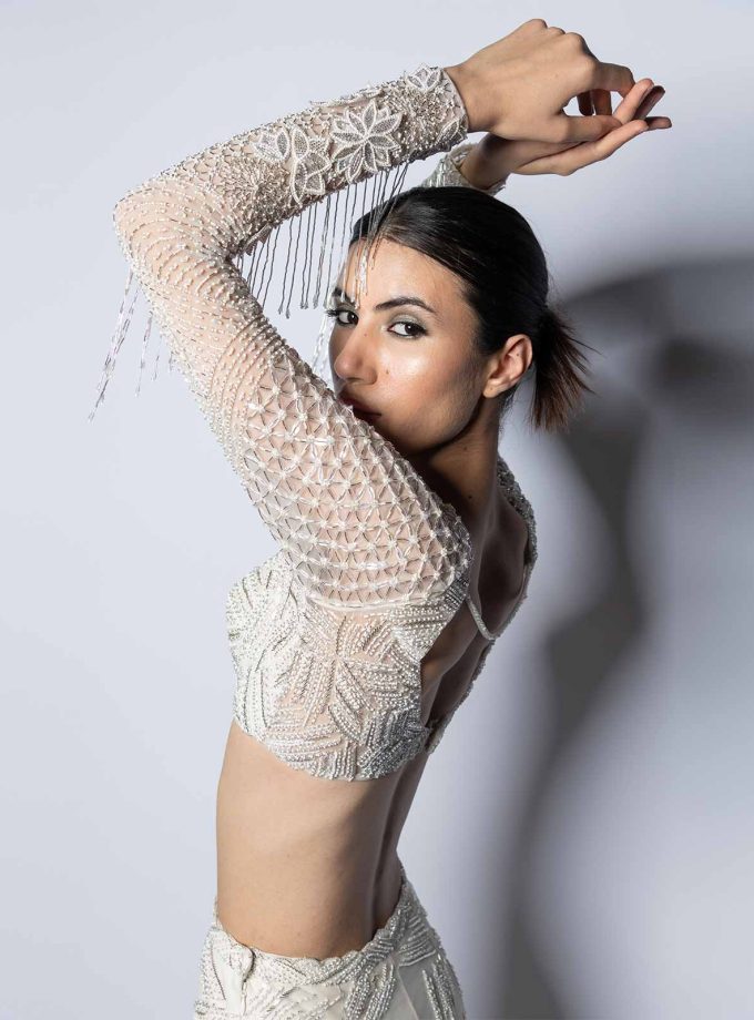 FIT AND FLARE EMBELLISHED NET SKIRT WITH BLOUSE